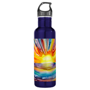 Lebendiger Sonnenuntergang über dem Wasser Aquarel Edelstahlflasche