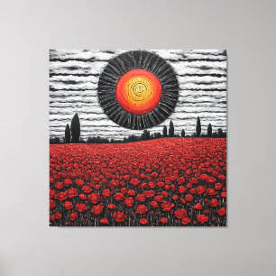 Lebendiger Sonnenuntergang über einem Feld roter M Leinwanddruck