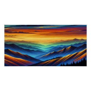 Lebendiger Sonnenuntergang über farbenfrohen Bergk Poster