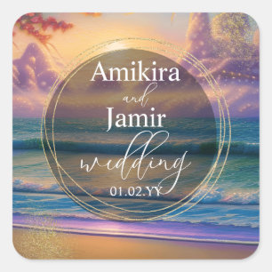 Lebendiger Strandhintergrund Faux Glitter Hochzeit Quadratischer Aufkleber