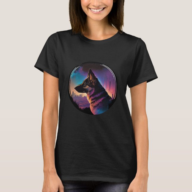 Lebendiger Synthwave Deutscher Schäferhund mit 80e T-Shirt (Vorderseite)