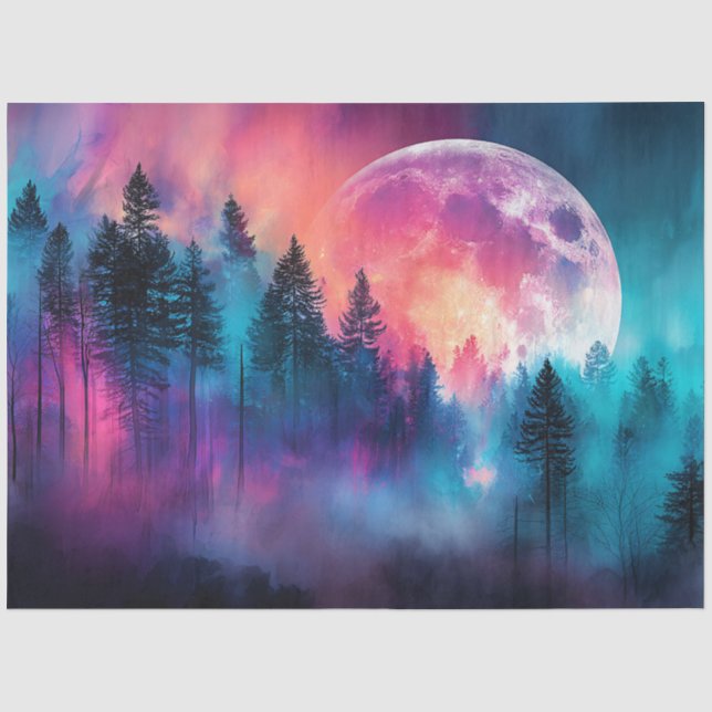 Lebendiger Vollmond, der über einen Walddekoutseit Seidenpapier (Vorderseite)