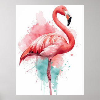 Lebendiger Wasserfarb-Flamingo Rosa und Türkis-Spr Poster