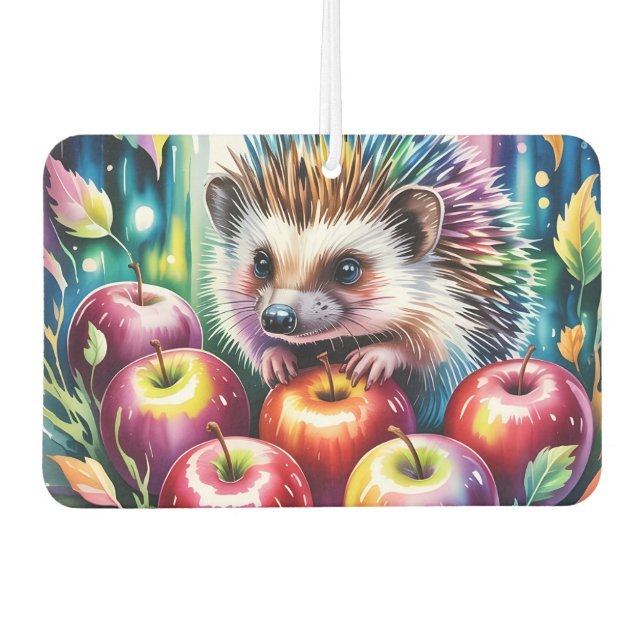 Lebendiger Wasserfarben-Igel mit Herbstäpfeln Autolufterfrischer (Vorderseite)