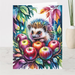 Lebendiger Wasserfarben-Igel mit Herbstäpfeln Karte