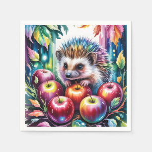 Lebendiger Wasserfarben-Igel mit Herbstäpfeln Serviette
