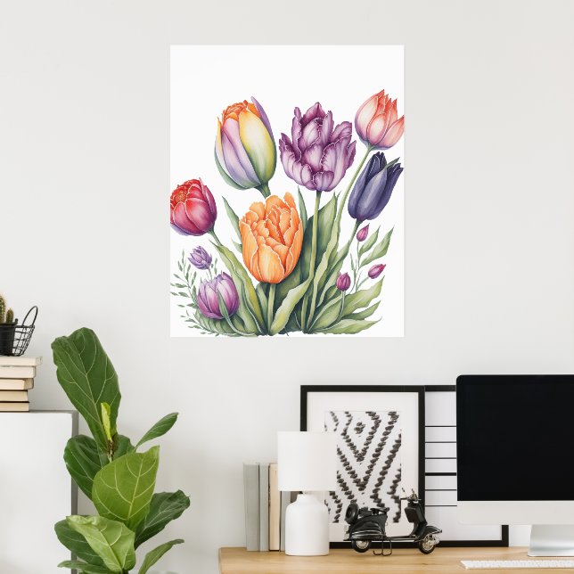 Lebendiger Wasserfarben-Tulpenstrauß  Poster (Heimbüro)