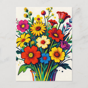 Lebendiger Wildblumenstrauß in Volkskunst Postkarte