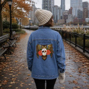 Lebendiger Zucker-Schädel-Owl rote Rosen Jeansjacke