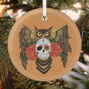 Lebendiger Zucker-Schädel-Owl rote Rosen  Ornament Aus Glas