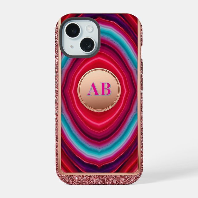 Lebendiges abstraktes Achatmuster mit Glitter iPhone 15 Hülle (Rückseite)