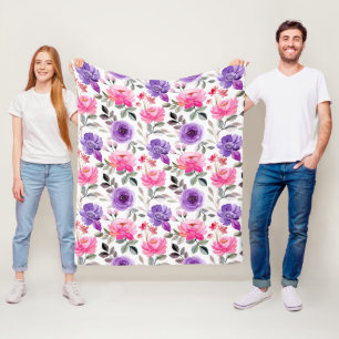 Lebendiges Aquarell-Blumenmuster in Rosa und Lila Fleecedecke