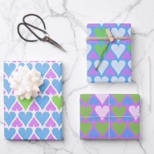 Lebendiges Blau Grün Lila Herzen Muster  Geschenkpapier Set