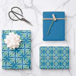 Lebendiges Blau-, Grün- und Weiß-Fliesenmuster Geschenkpapier Set