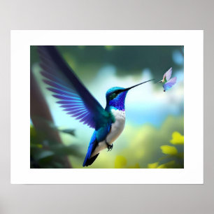 Lebendiges Blau-Weiß-Kolibri-im-Flug-Plakat Poster