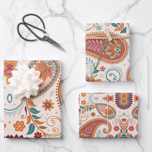 Lebendiges Boho-Paisley-Weiß-Blumenmuster  Geschenkpapier Set (Vorderseite)