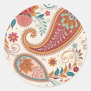 Lebendiges Boho-Paisley-Weiß-Blumenmuster Runder Aufkleber