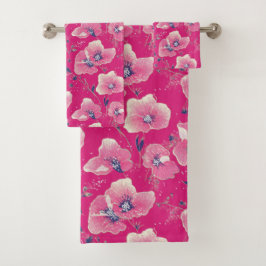 Lebendiges florales Muster in Rosa, Weiß und König Badhandtuch Set