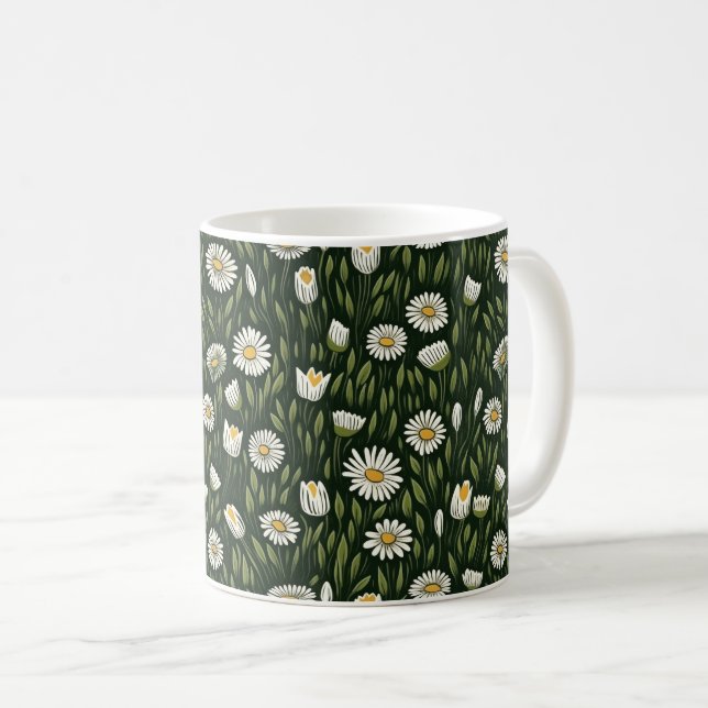 Lebendiges Gänseblümchenmuster mit üppigen grünen  Kaffeetasse (VorderseiteRechts)