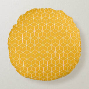 Lebendiges gelbes hexagonales Würfelmuster-Design Rundes Kissen