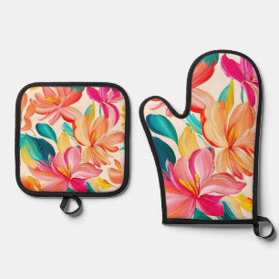 Lebendiges gemaltes Blumenmuster Ofenhandschuh & Topflappen-Set