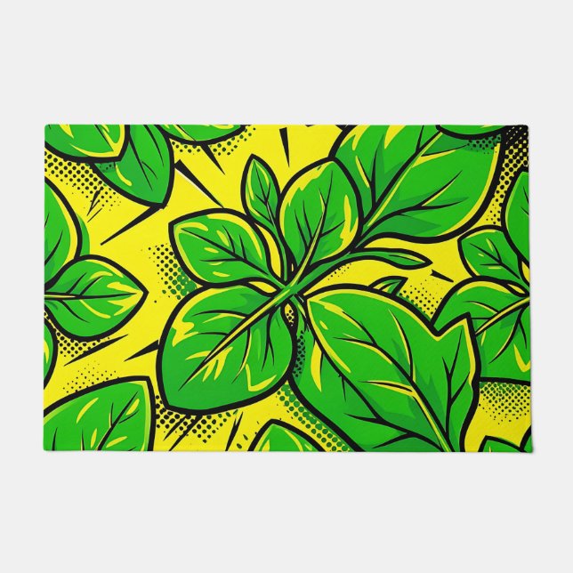 Lebendiges grünes Blatt Pop-Art-Muster Fußmatte (Vorderseite)