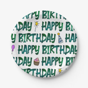 Lebendiges grünes Happy Birthday-Textmuster Pappteller
