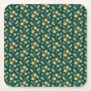 Lebendiges grünes Muster mit gelben Blumen und Blä Rechteckiger Pappuntersetzer