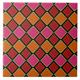 Lebendiges Harlekin-Diamantmuster in Rot, Orange, Fliese