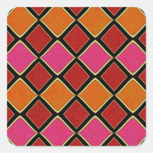 Lebendiges Harlekin-Diamantmuster in Rot, Orange,  Quadratischer Aufkleber