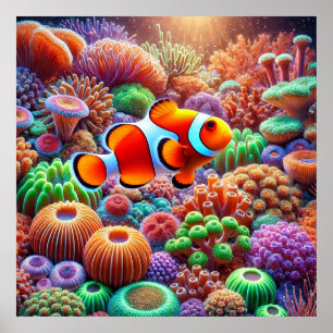 Lebendiges Korallenriff mit einem Clownfisch Poster