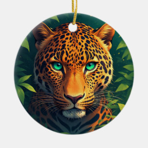 Lebendiges Leopard-Porträt mit Smaragdaugen Keramik Ornament