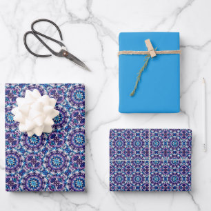 Lebendiges Lila, Grün, Blau- und Creme-Fliesenmust Geschenkpapier Set