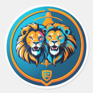 Lebendiges Löwen-Duo-Emblem in blauem Kreis Runder Aufkleber
