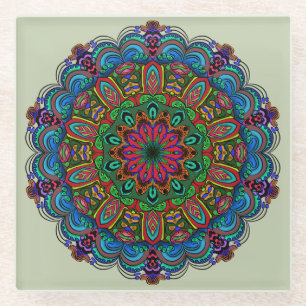 Lebendiges Mandala-Blumen- und geometrisches Muste Glasuntersetzer