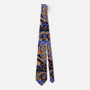 Lebendiges Navy- und Orange- Boho-Paisleymuster Krawatte