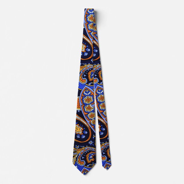 Lebendiges Navy- und Orange- Boho-Paisleymuster Krawatte (Vorderseite)