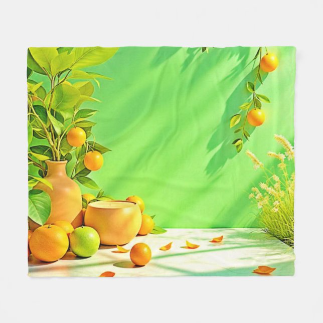 Lebendiges Orange Grün Stillleben Design Fleecedecke (Vorderseite (Horizontal))