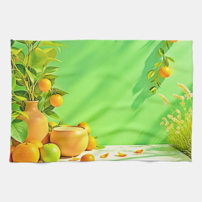 Lebendiges Orange Grün Stillleben Design Geschirrtuch (Horizontal)