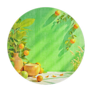 Lebendiges Orange Grün Stillleben Design Schneidebrett