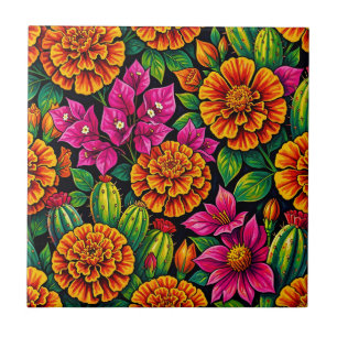 Lebendiges Orange Magenta Samtblume Kaktus Tropisc Fliese