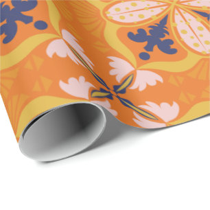 Lebendiges orange- und blau-blumiges Muster Geschenkpapier