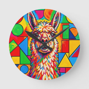 Lebendiges Pop-Art-Llama-Porträt Runde Wanduhr