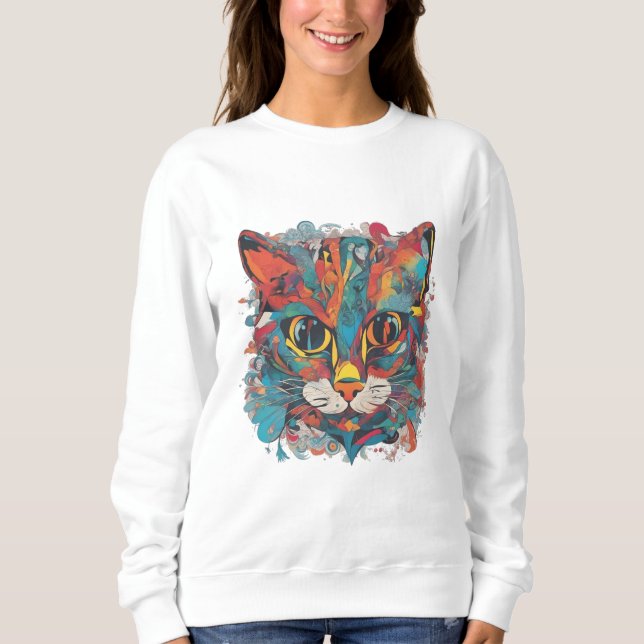 Lebendiges psychedelisches abstraktes Katzenkunst- Sweatshirt (Vorderseite)