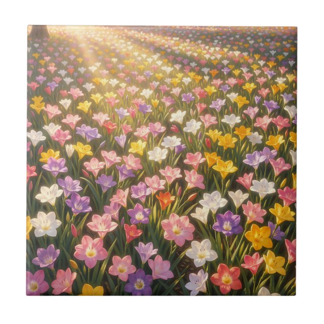Lebendiges Regenbogen-Lilienblumenfeld Fliese (Vorderseite)