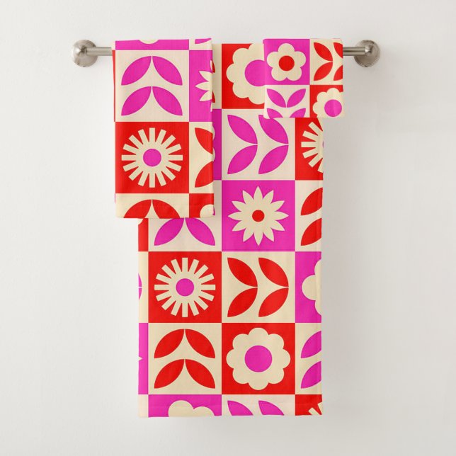 Lebendiges Retro-Blumenmuster Badhandtuch Set (Insitu)