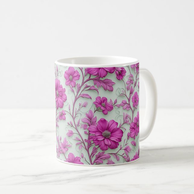 Lebendiges rosa Blumenmuster mit magenta Blüten Kaffeetasse (VorderseiteRechts)
