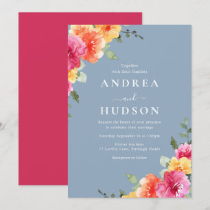 Lebendiges Rosa Florales Staubblaues Hochzeit Einladung