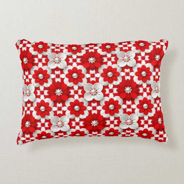 Lebendiges Rot-Weiß-Blumenmuster mit Perle Dekokissen (Vorderseite)
