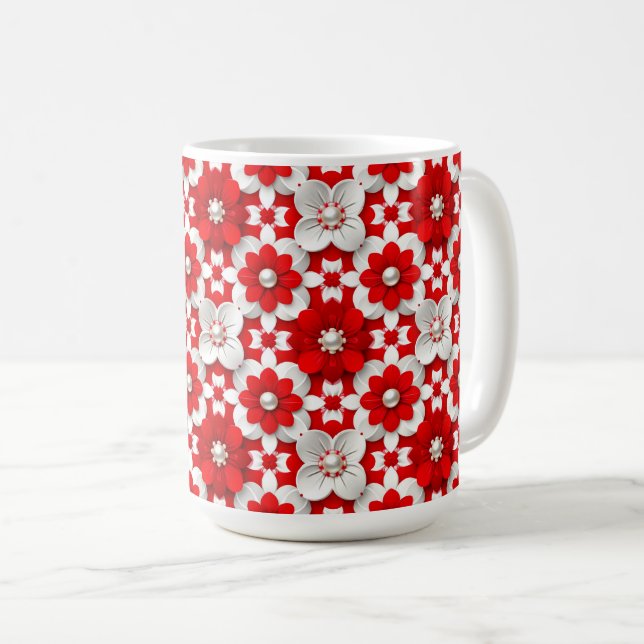 Lebendiges Rot-Weiß-Blumenmuster mit Perle Kaffeetasse (VorderseiteRechts)